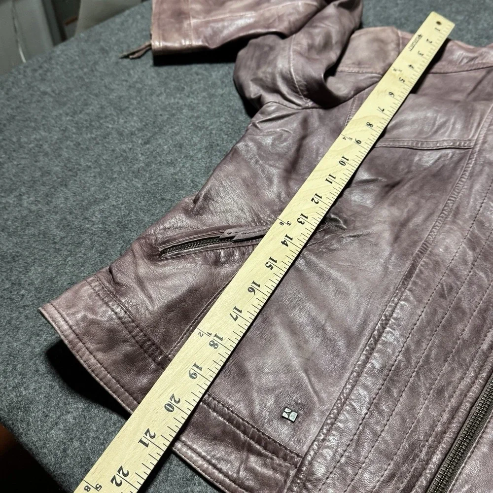 VTG Y2K Hugo Boss Orange Womens Genuine Leather‎ Moto Jacket Size M 18.5x21 Goth - Picture 7 of 9